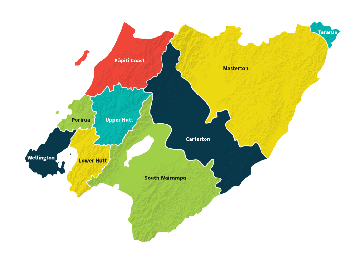 Territorial authorities map: Wellington, Lower Hutt, Upper Hutt, Porirua, Kāpiti, South Wairarapa, Carteron, Masterton, Tararua