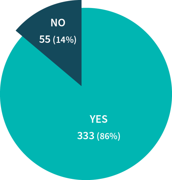 Pie graph showing that 55 people (14%) said no and 333 (86%) people said yes to the question 'Do you support funding for the development, purchase or increased Greater Wellington control of other strategic bus assets?'